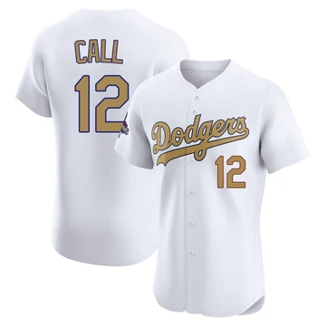 Men's Los Angeles Dodgers Alex Call ＃12 Gold Elite White 2025 Collection Jersey