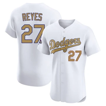 Men's Los Angeles Dodgers Alex Reyes ＃27 Gold Elite White 2025 Collection Jersey