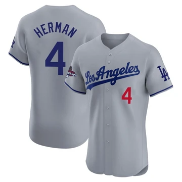 Men's Los Angeles Dodgers Babe Herman ＃4 Gray Elite Road World Series Champions Jersey