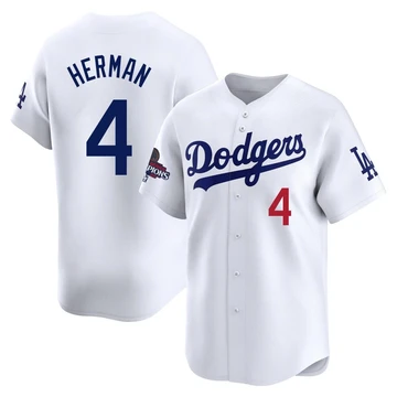 Men's Los Angeles Dodgers Babe Herman ＃4 White Limited Home 2024 World Series Champions Jersey