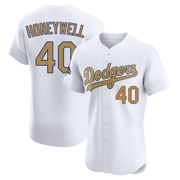 Men's Los Angeles Dodgers Brent Honeywell ＃40 Gold Elite White 2025 Collection Jersey