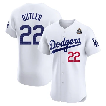 Men's Los Angeles Dodgers Brett Butler ＃22 White Elite Home 2024 World Series Jersey
