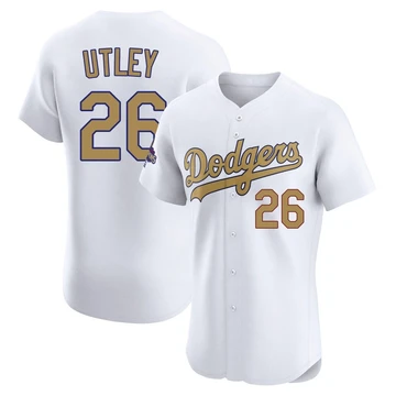 Men's Los Angeles Dodgers Chase Utley ＃26 Gold Elite White 2025 Collection Jersey