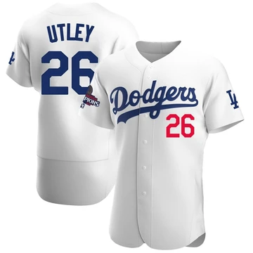 Men's Los Angeles Dodgers Chase Utley ＃26 White Authentic Home Official 2024 World Series Champions Jersey