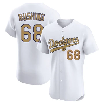 Men's Los Angeles Dodgers Dalton Rushing ＃68 Gold Elite White 2025 Collection Jersey