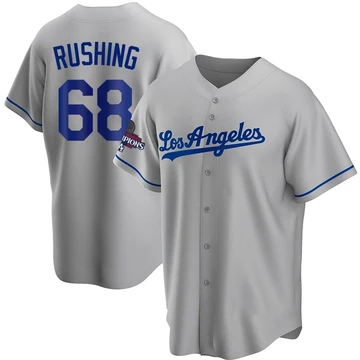 Men's Los Angeles Dodgers Dalton Rushing ＃68 Gray Replica Road 2024 World Series Champions Jersey
