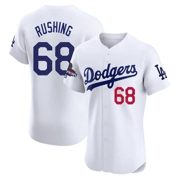 Men's Los Angeles Dodgers Dalton Rushing ＃68 White Elite Home World Series Champions Jersey