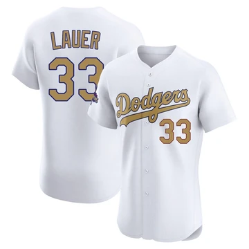 Men's Los Angeles Dodgers Eric Lauer ＃33 Gold Elite White 2025 Collection Jersey