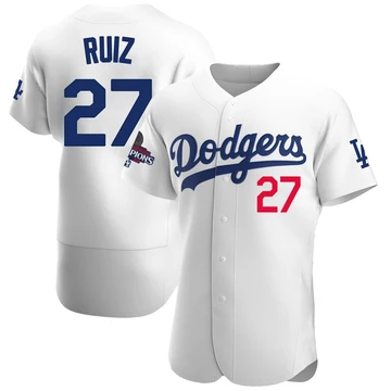 Men's Los Angeles Dodgers Esteury Ruiz ＃27 White Authentic Home Official 2024 World Series Champions Jersey
