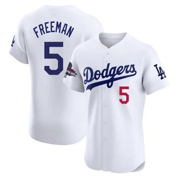Men's Los Angeles Dodgers Freddie Freeman ＃5 White Elite Home World Series Champions Jersey