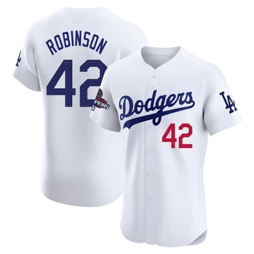 Men's Los Angeles Dodgers Jackie Robinson ＃42 White Elite Home World Series Champions Jersey