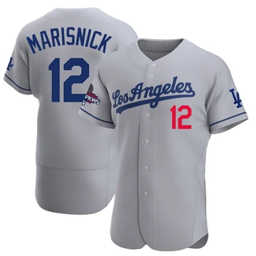 Men's Los Angeles Dodgers Jake Marisnick ＃12 Gray Authentic Away Official 2024 World Series Champions Jersey