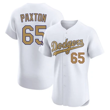 Men's Los Angeles Dodgers James Paxton ＃65 Gold Elite White 2025 Collection Jersey