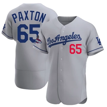 Men's Los Angeles Dodgers James Paxton ＃65 Gray Authentic Away Official 2024 World Series Champions Jersey
