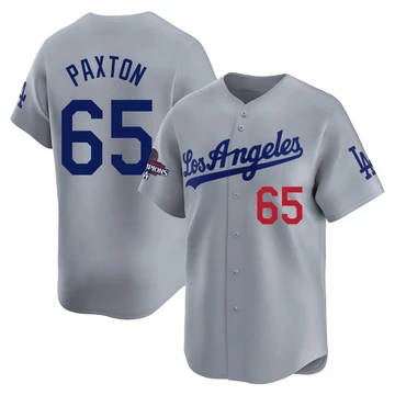 Men's Los Angeles Dodgers James Paxton ＃65 Gray Limited Away World Series Champions Jersey