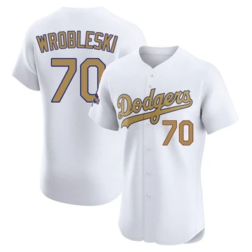 Men's Los Angeles Dodgers Justin Wrobleski ＃70 Gold Elite White 2025 Collection Jersey