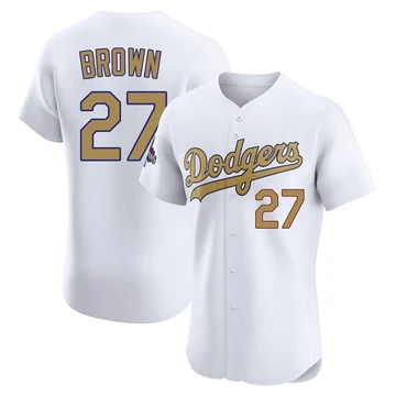 Men's Los Angeles Dodgers Kevin Brown ＃27 Gold Elite White 2025 Collection Jersey