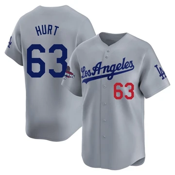 Men's Los Angeles Dodgers Kyle Hurt ＃63 Gray Limited Away World Series Champions Jersey