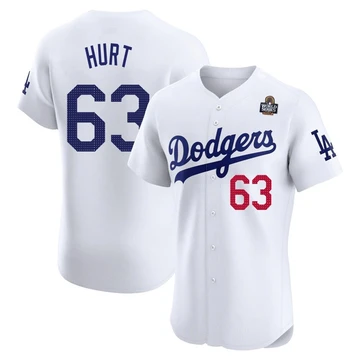 Men's Los Angeles Dodgers Kyle Hurt ＃63 White Elite Home 2024 World Series Jersey