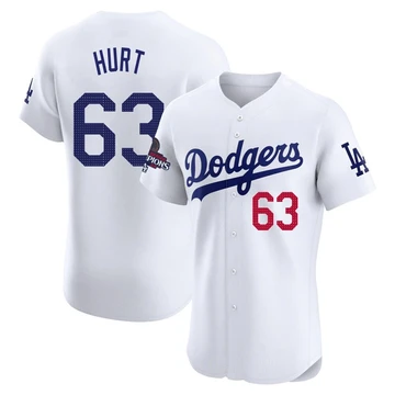 Men's Los Angeles Dodgers Kyle Hurt ＃63 White Elite Home World Series Champions Jersey