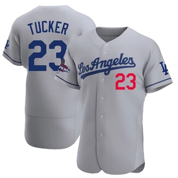 Men's Los Angeles Dodgers Kyle Tucker ＃23 Gray Authentic Away Official 2024 World Series Champions Jersey