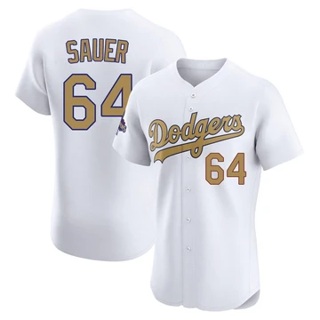 Men's Los Angeles Dodgers Matt Sauer ＃64 Gold Elite White 2025 Collection Jersey
