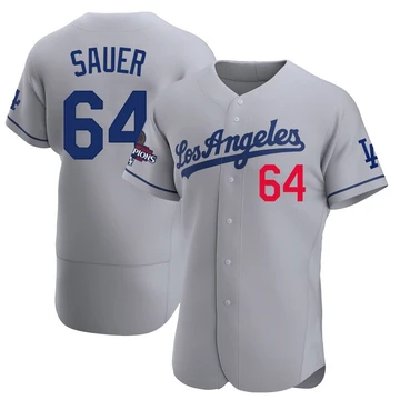 Men's Los Angeles Dodgers Matt Sauer ＃64 Gray Authentic Away Official 2024 World Series Champions Jersey