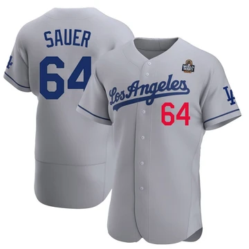 Men's Los Angeles Dodgers Matt Sauer ＃64 Gray Authentic Away Official 2024 World Series Jersey