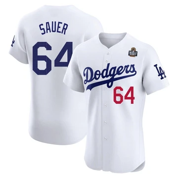 Men's Los Angeles Dodgers Matt Sauer ＃64 White Elite Home 2024 World Series Jersey