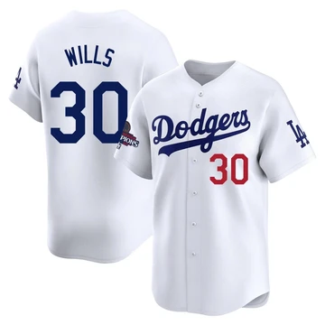 Men's Los Angeles Dodgers Maury Wills ＃30 White Limited Home 2024 World Series Champions Jersey