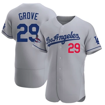 Men's Los Angeles Dodgers Michael Grove ＃29 Gray Authentic Away Official 2024 World Series Champions Jersey