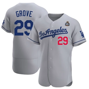 Men's Los Angeles Dodgers Michael Grove ＃29 Gray Authentic Away Official 2024 World Series Jersey