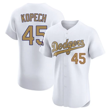 Men's Los Angeles Dodgers Michael Kopech ＃45 Gold Elite White 2025 Collection Jersey
