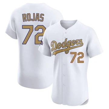 Men's Los Angeles Dodgers Miguel Rojas ＃72 Gold Elite White 2025 Collection Jersey