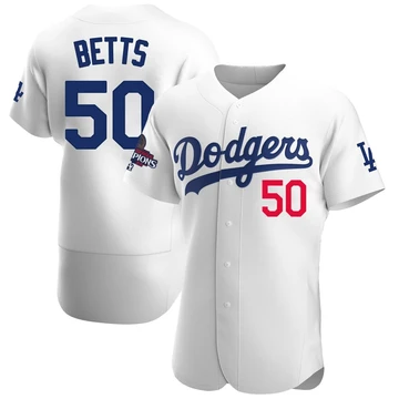Men's Los Angeles Dodgers Mookie Betts ＃50 White Authentic Home Official 2024 World Series Champions Jersey