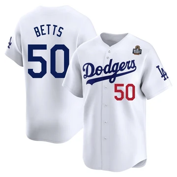 Men's Los Angeles Dodgers Mookie Betts ＃50 White Limited Home 2024 World Series Jersey