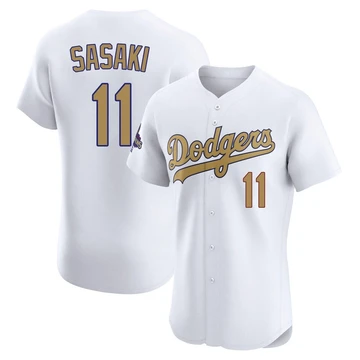 Men's Los Angeles Dodgers Roki Sasaki ＃11 Gold Elite White 2025 Collection Jersey