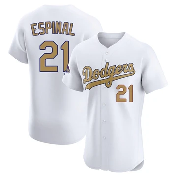 Men's Los Angeles Dodgers Santiago Espinal ＃21 Gold Elite White 2025 Collection Jersey