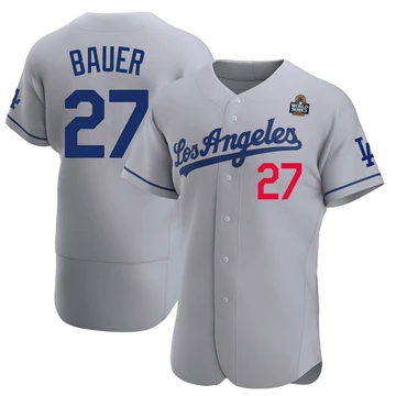 Men's Los Angeles Dodgers Trevor Bauer ＃27 Gray Authentic Away Official 2024 World Series Jersey