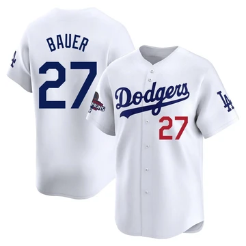 Men's Los Angeles Dodgers Trevor Bauer ＃27 White Limited Home 2024 World Series Champions Jersey