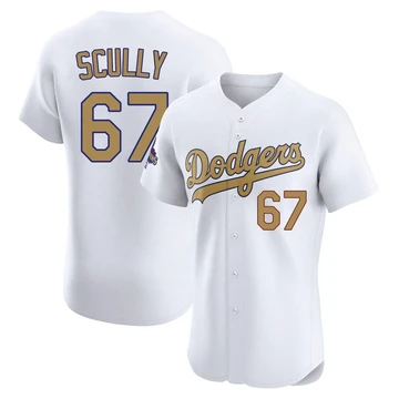 Men's Los Angeles Dodgers Vin Scully ＃67 Gold Elite White 2025 Collection Jersey