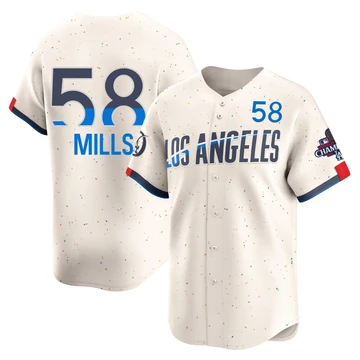 Men's Los Angeles Dodgers Wyatt Mills ＃58 Cream Limited 2024 City Connect World Series Champions Jersey