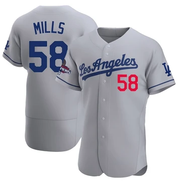 Men's Los Angeles Dodgers Wyatt Mills ＃58 Gray Authentic Away Official 2024 World Series Champions Jersey