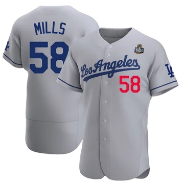 Men's Los Angeles Dodgers Wyatt Mills ＃58 Gray Authentic Away Official 2024 World Series Jersey