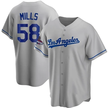Men's Los Angeles Dodgers Wyatt Mills ＃58 Gray Replica Road 2024 World Series Champions Jersey