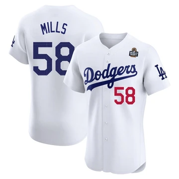 Men's Los Angeles Dodgers Wyatt Mills ＃58 White Elite Home 2024 World Series Jersey