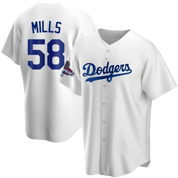 Men's Los Angeles Dodgers Wyatt Mills ＃58 White Replica Home 2024 World Series Champions Jersey