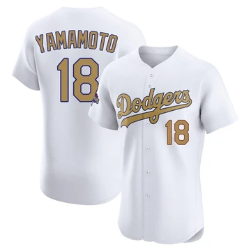 Men's Los Angeles Dodgers Yoshinobu Yamamoto ＃18 Gold Elite White 2025 Collection Jersey