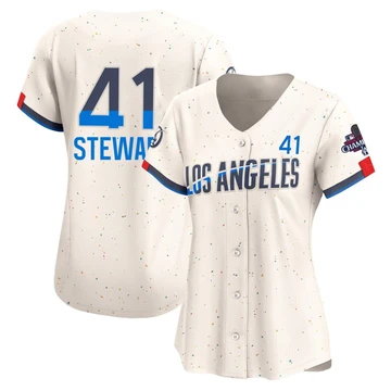 Women's Los Angeles Dodgers Brock Stewart ＃41 Cream Limited 2024 City Connect World Series Champions Jersey