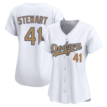 Women's Los Angeles Dodgers Brock Stewart ＃41 Gold Limited White 2025 Collection Jersey